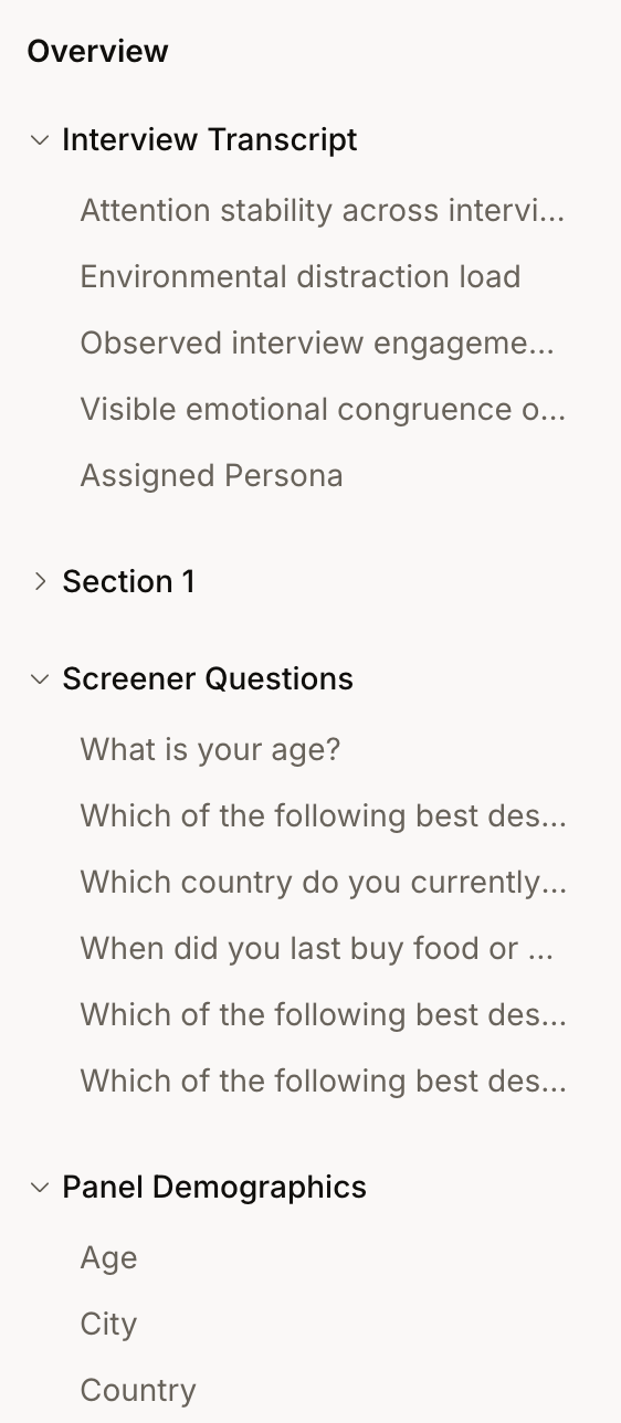 The Question coding Overview sidebar listing facets grouped by origin: Interview Transcript, question sections, Screener Questions, and Panel Demographics