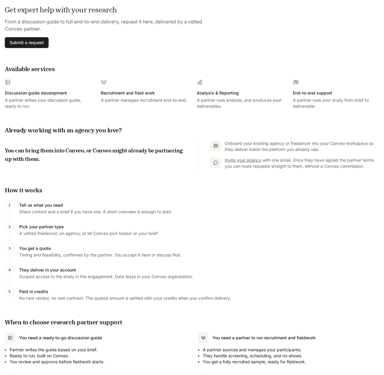 The Service Marketplace overview page listing the available services and the five-step flow from request to payment in credits