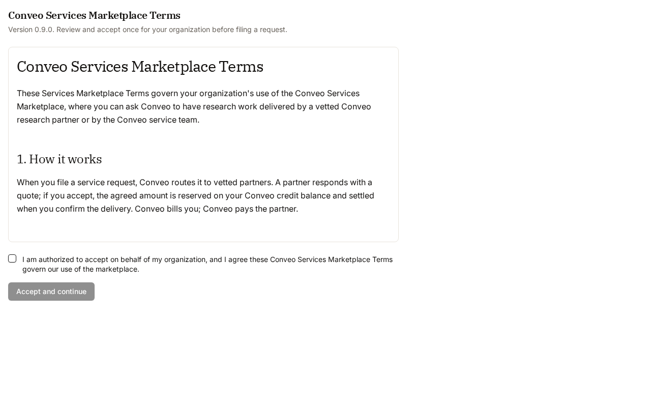 The marketplace terms page with the authorization checkbox and the Accept and continue button