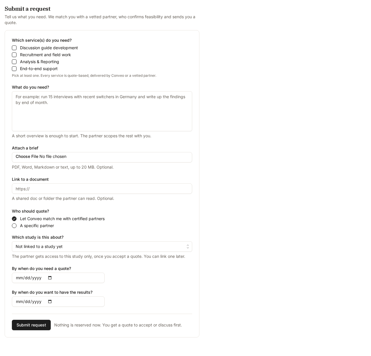 The new request form with service checkboxes, the brief text area, file upload, partner routing, study link, and date fields