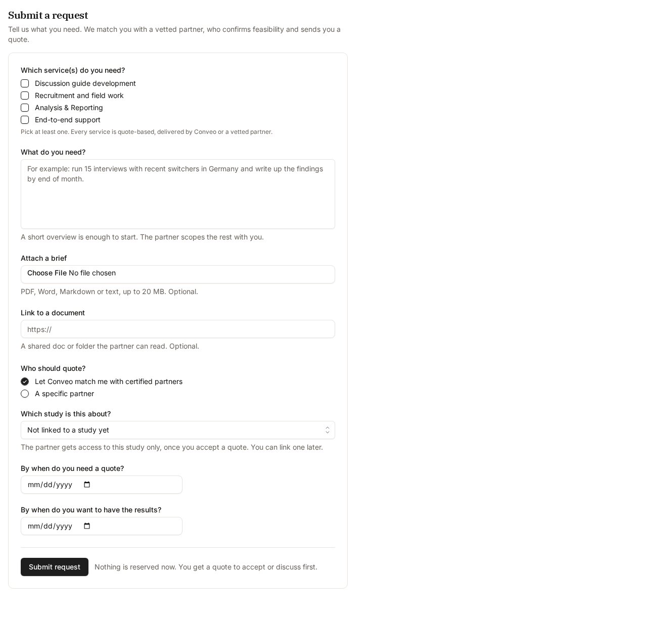 The new request form with service checkboxes, the brief text area, file upload, partner routing, study link, and date fields