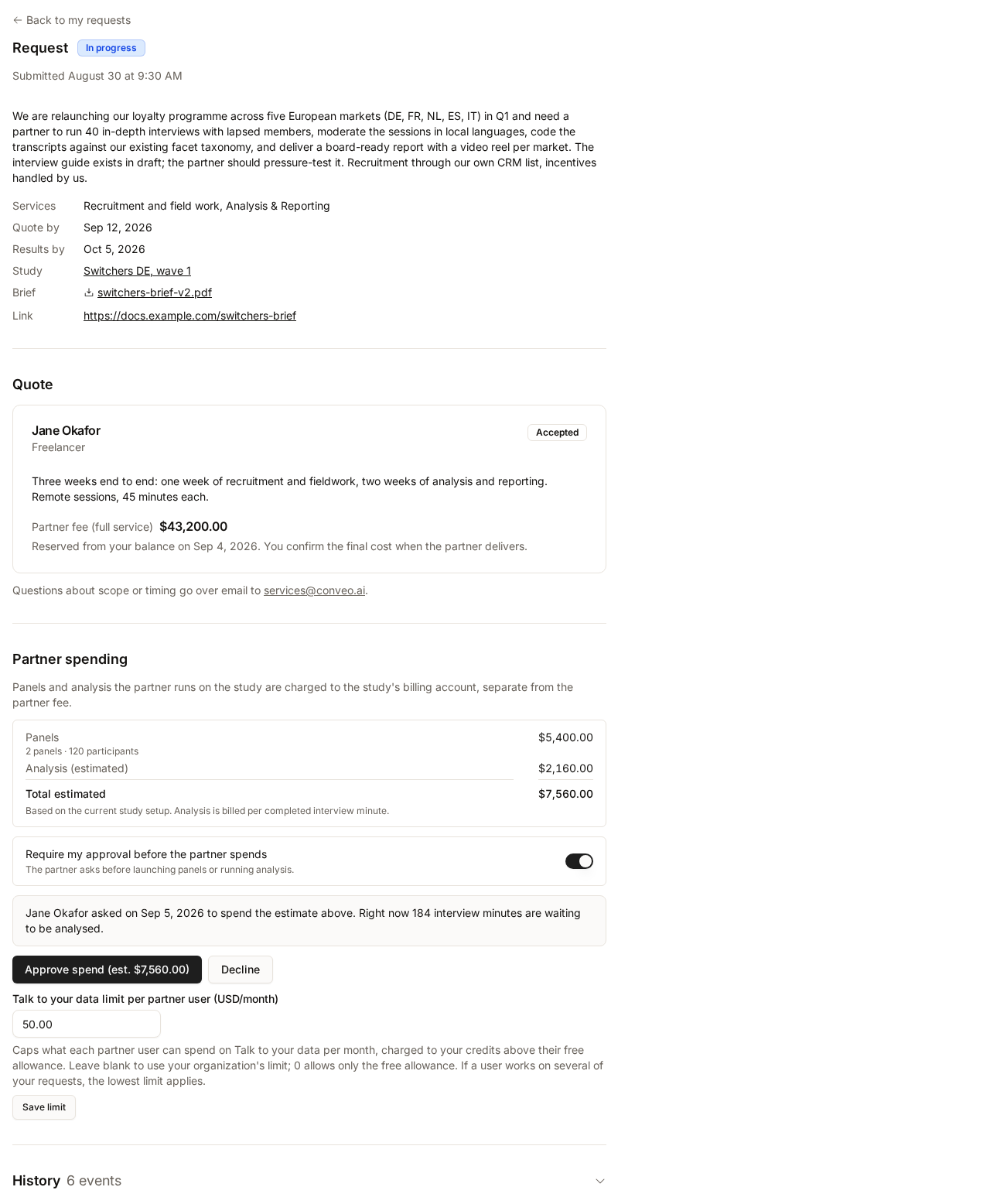An In progress request showing the Partner spending section with estimated panel and analysis costs, the approval toggle, a pending spend request, and the Talk to your data limit
