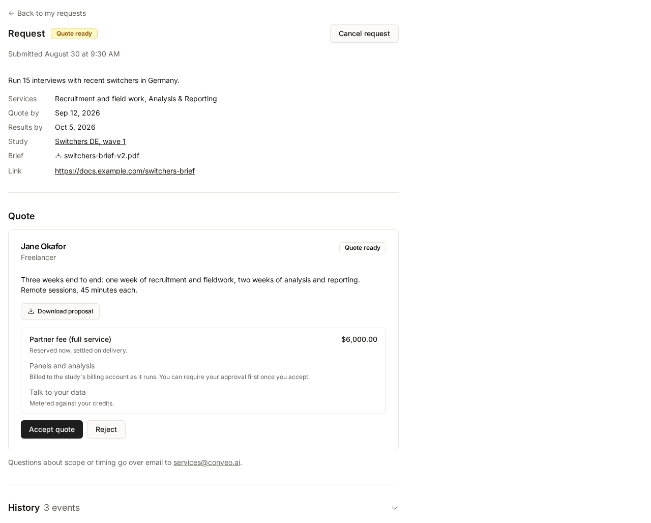 A request in the Quote ready state showing the partner's proposal, the partner fee, and the Accept quote and Reject buttons