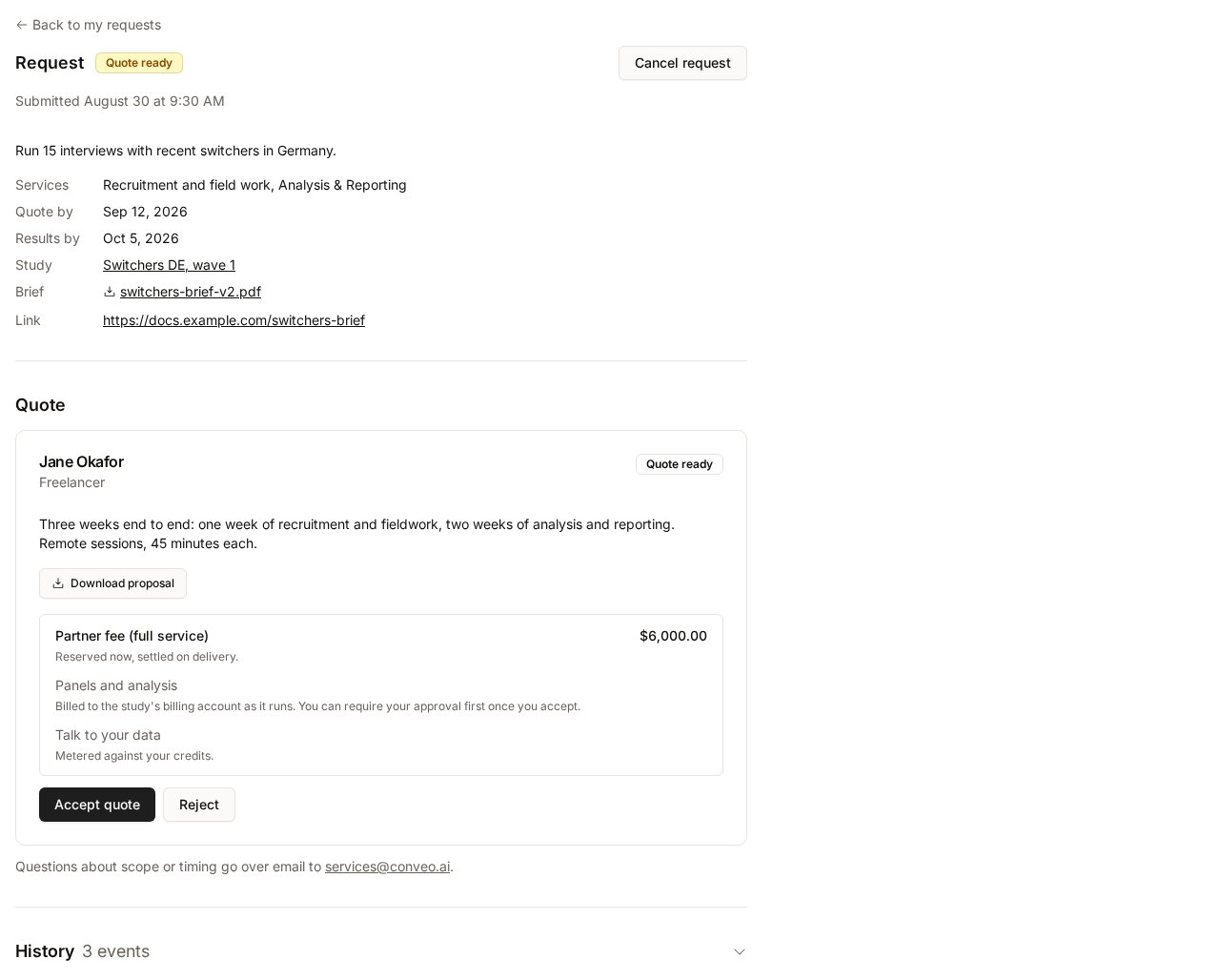 A request in the Quote ready state showing the partner's proposal, the partner fee, and the Accept quote and Reject buttons