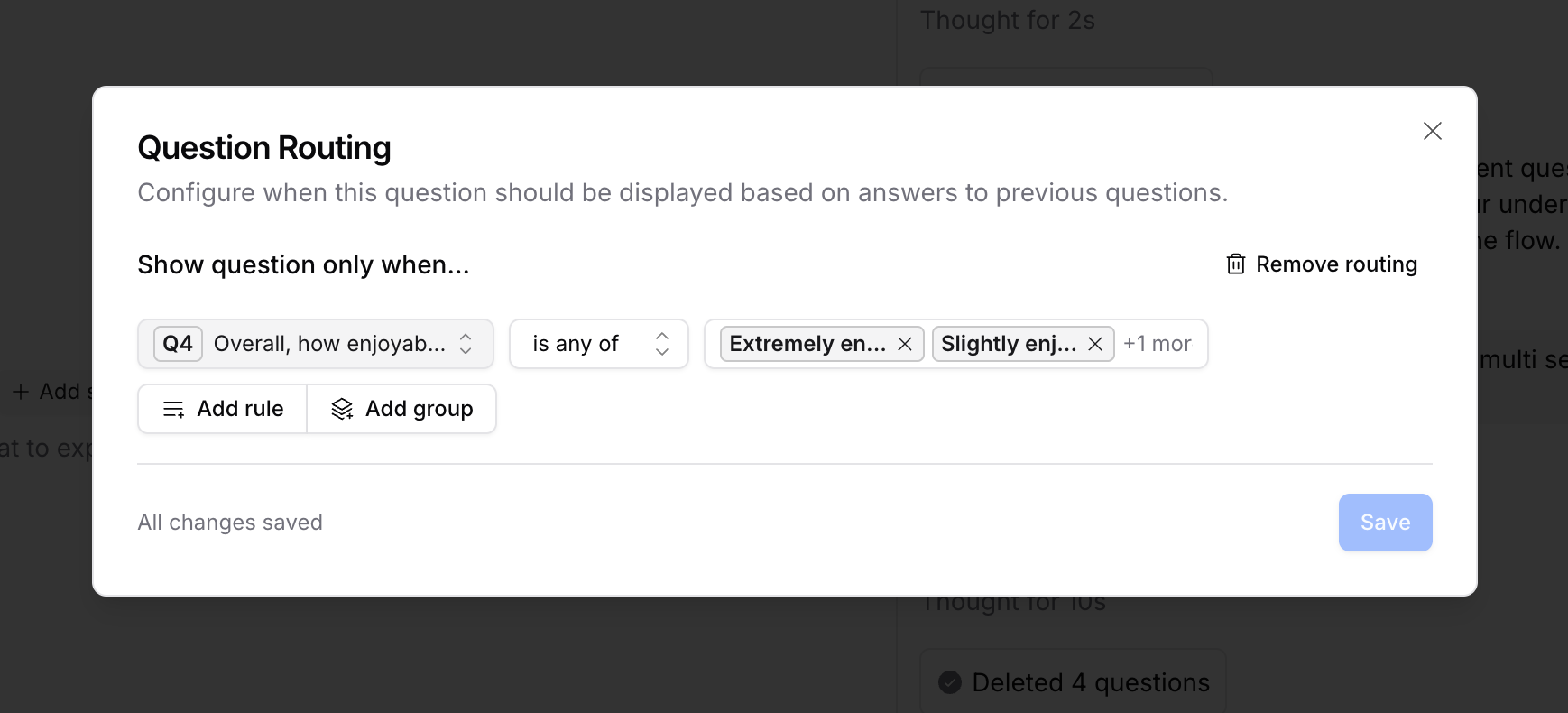 Screenshot of the routing modal with a condition configured