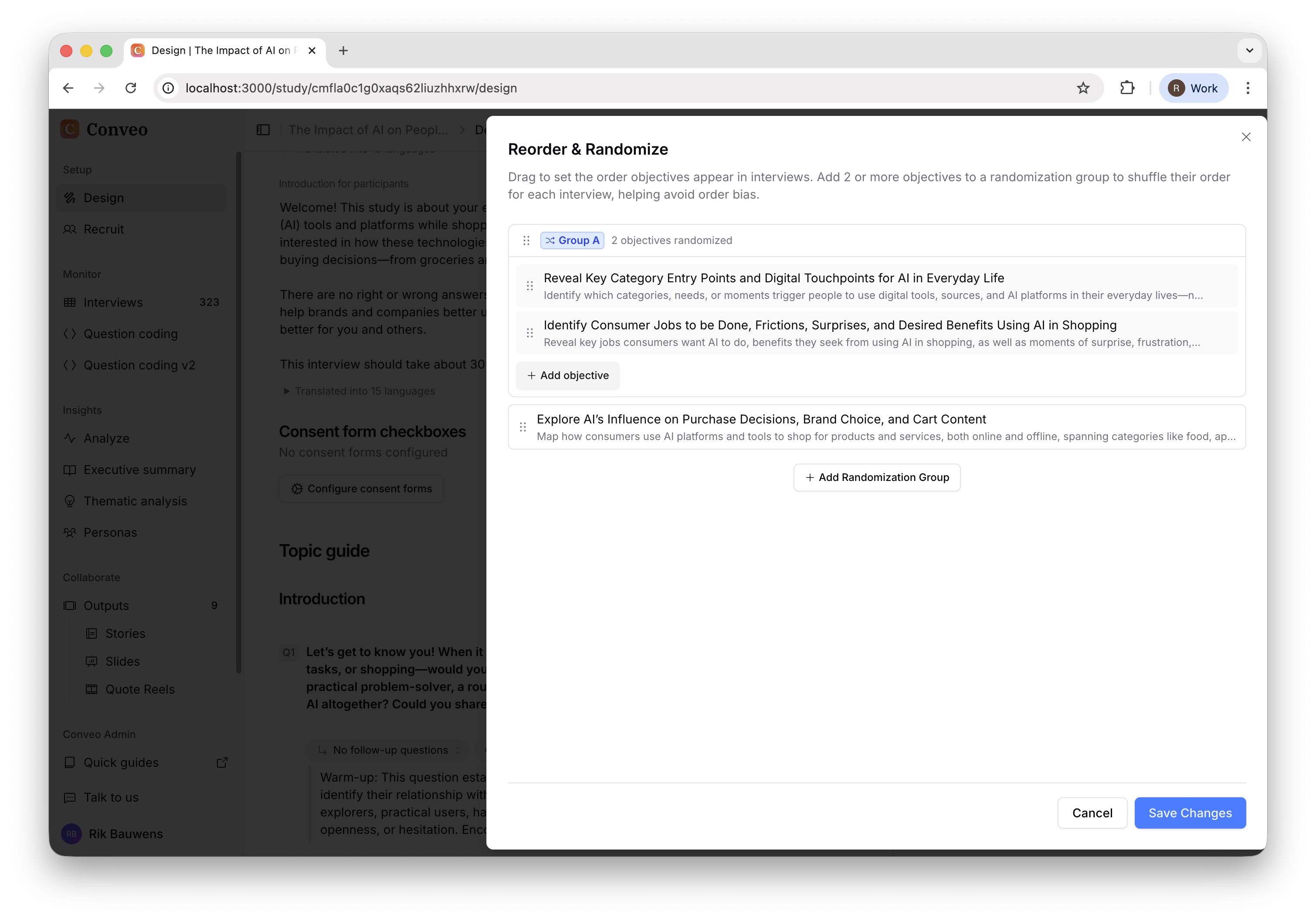 Screenshot of the randomization groups sheet with objectives in groups