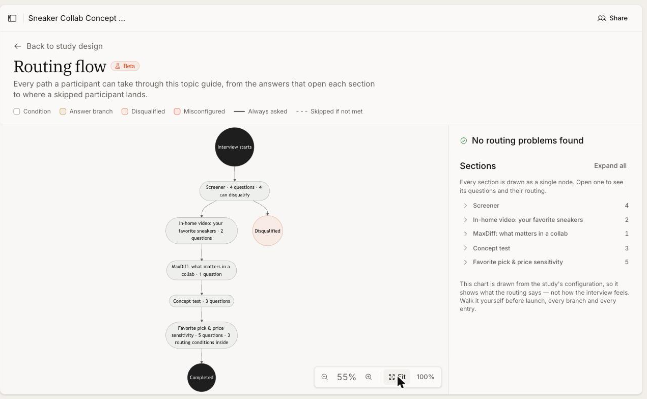 The Routing flow diagram for a study, showing Interview starts flowing into the screener, then to either Disqualified or the following sections and finally Completed, with a side panel reporting no routing problems found