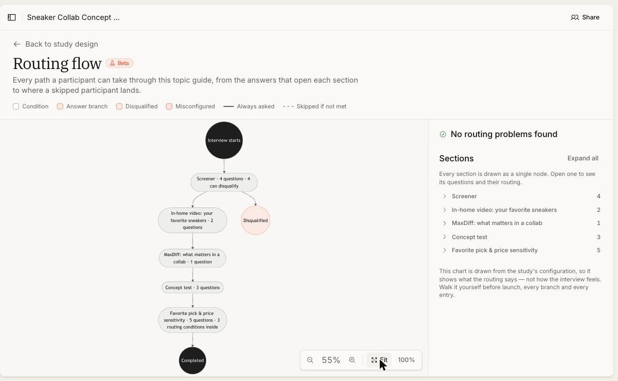 The Routing flow diagram for a study, showing Interview starts flowing into the screener, then to either Disqualified or the following sections and finally Completed, with a side panel reporting no routing problems found