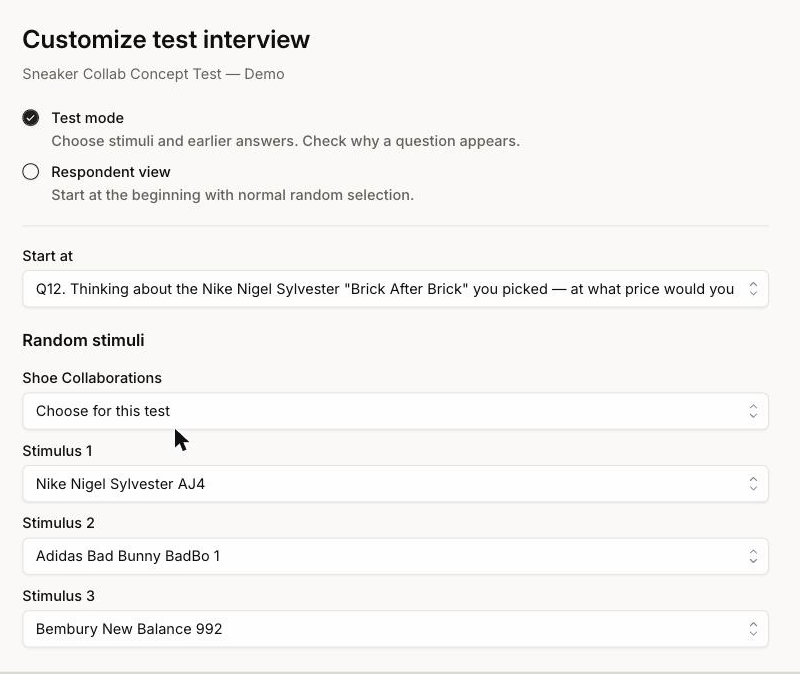 The Customize test interview page with Test mode selected, Start at set to question 12, and the Shoe Collaborations stimulus group set to Choose for this test with three named assets pinned to positions 1, 2 and 3