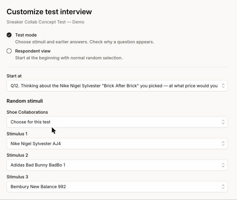 The Customize test interview page with Test mode selected, Start at set to question 12, and the Shoe Collaborations stimulus group set to Choose for this test with three named assets pinned to positions 1, 2 and 3