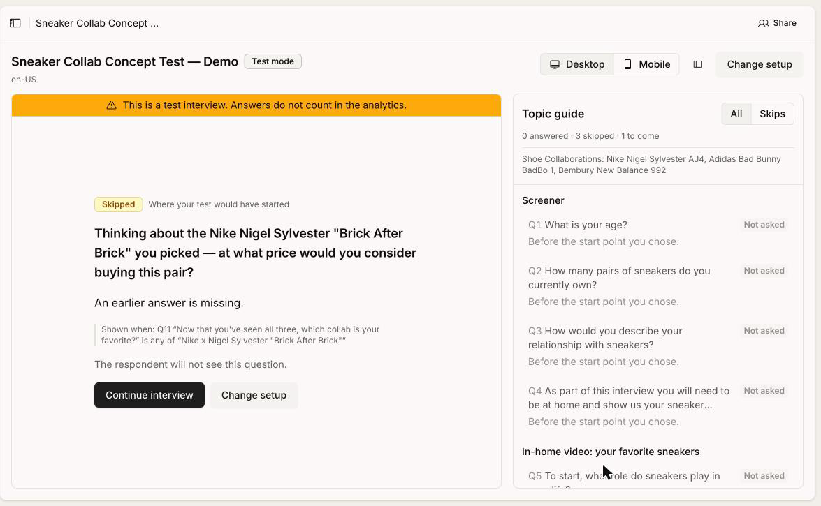 A test interview in test mode: a Skipped card explaining that the chosen starting question will not be shown because an earlier answer is missing, next to the Topic guide panel listing every question with a status