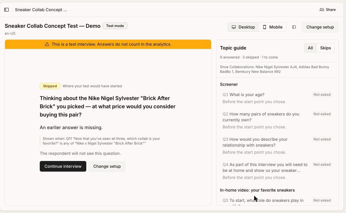 A test interview in test mode: a Skipped card explaining that the chosen starting question will not be shown because an earlier answer is missing, next to the Topic guide panel listing every question with a status