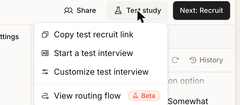 The Test study menu on a study design page, listing Copy test recruit link, Start a test interview, Customize test interview, and View routing flow marked Beta