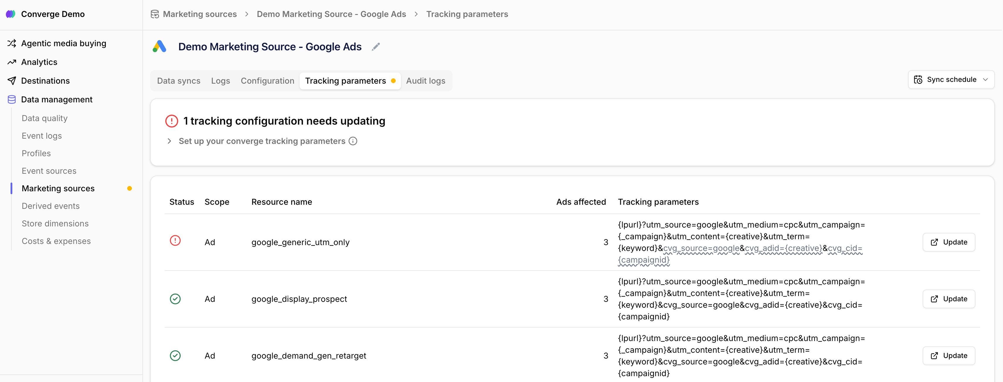 tracking parameters tab