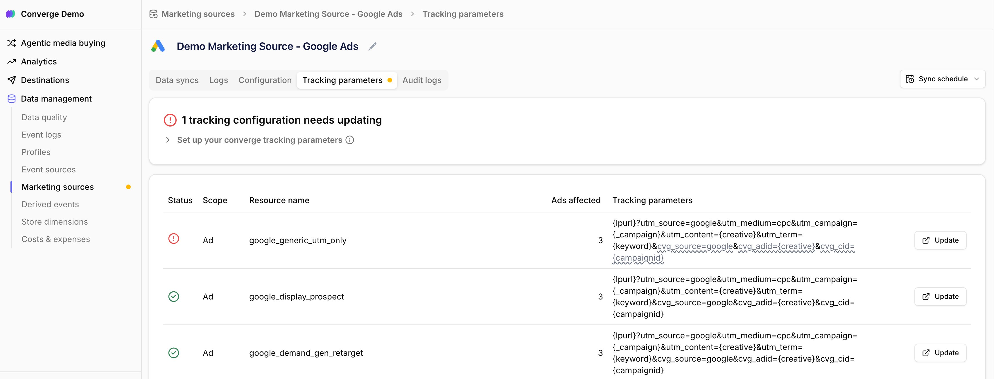 tracking parameters tab