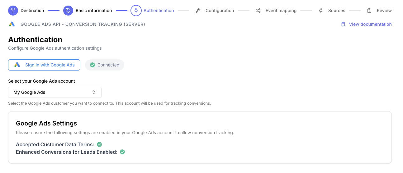 Google Ads server-side authentication valid settings