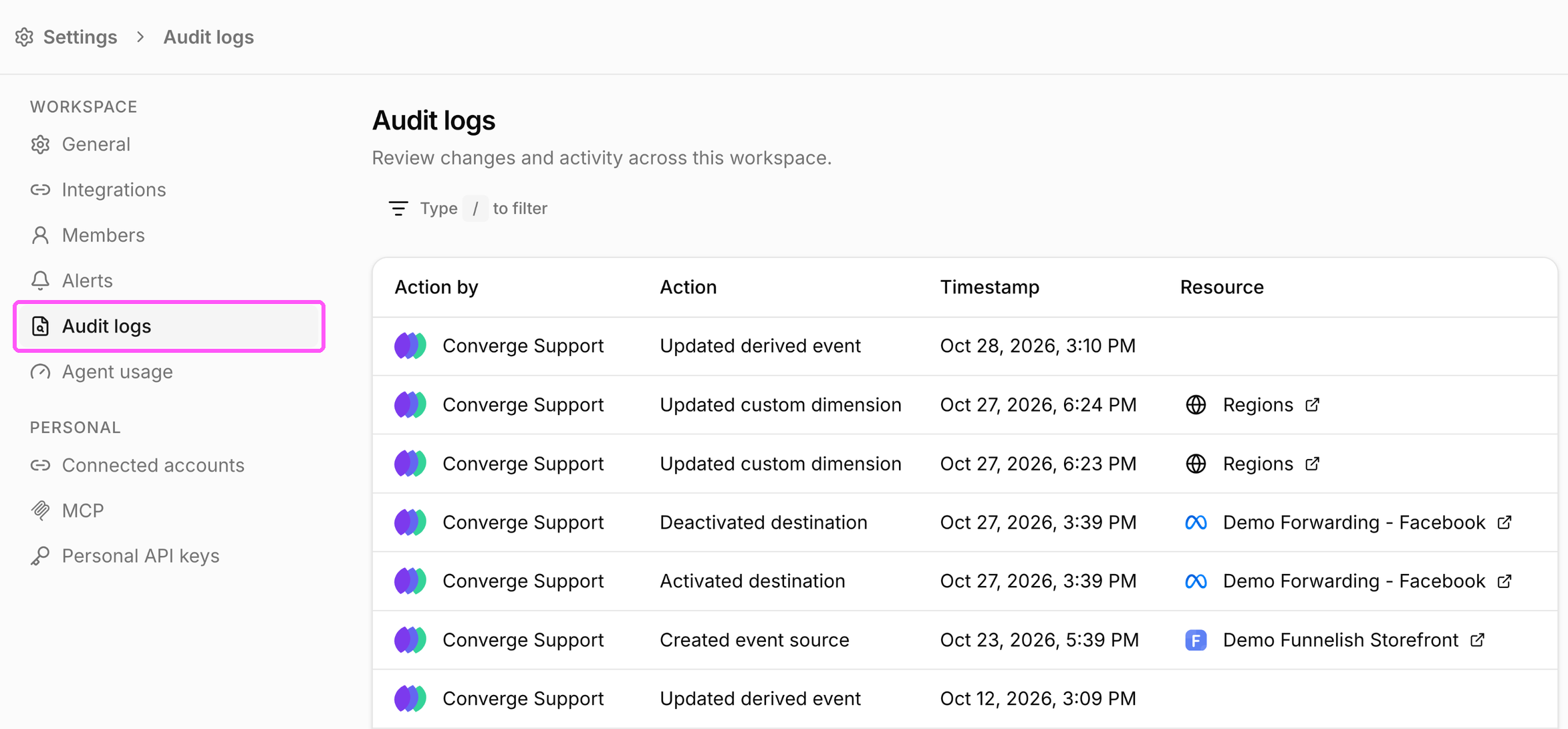 Audit logs in Settings