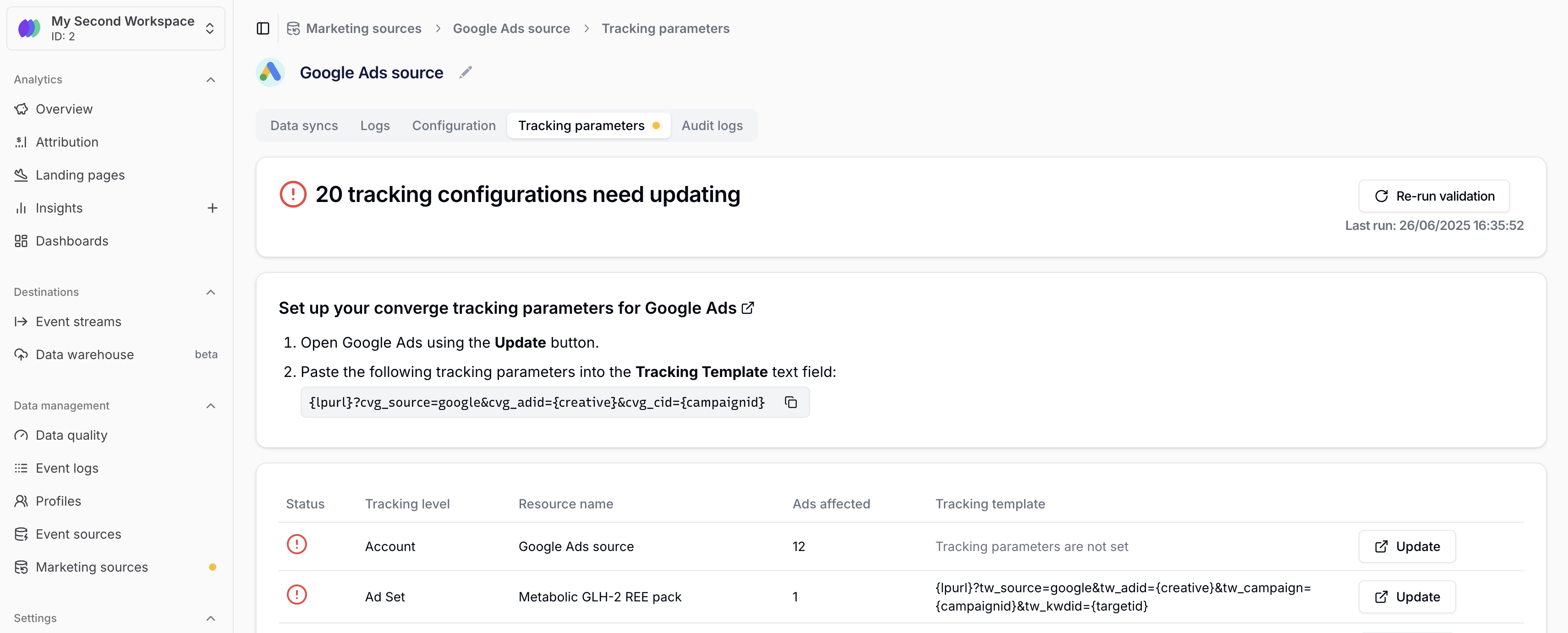 tracking parameters tab