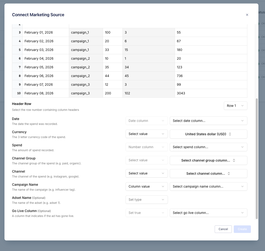 Map spreadsheet columns to Converge fields