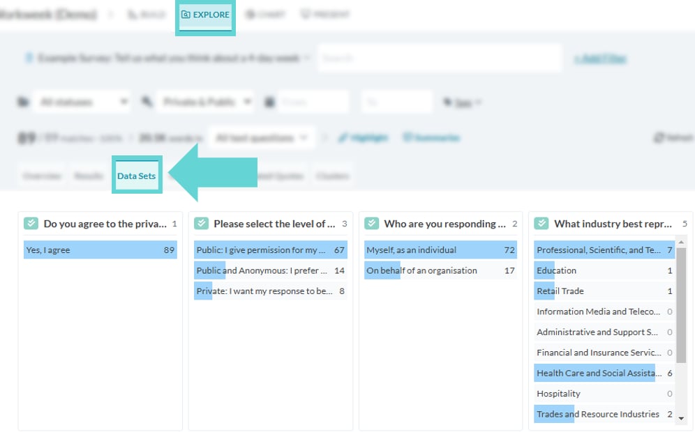 Data Sets screenshot: Filtering data set results