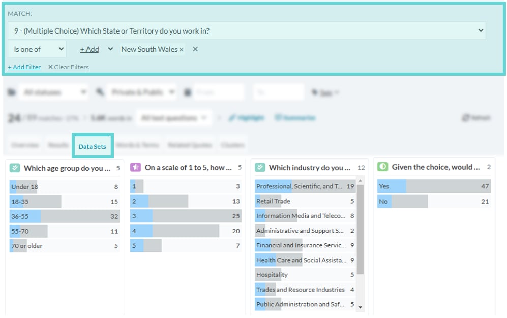 Data Sets screenshot: Filtering data set results