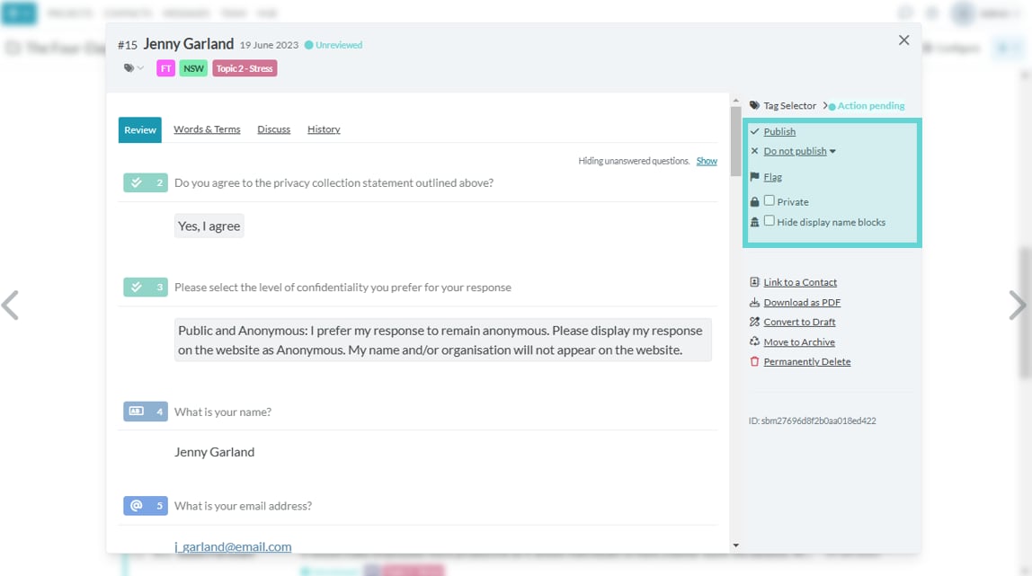 Publishing responses screenshot: Hide display name blocks (Anonymous)