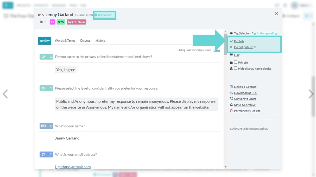 Publishing responses screenshot: Hide display name blocks (Anonymous)