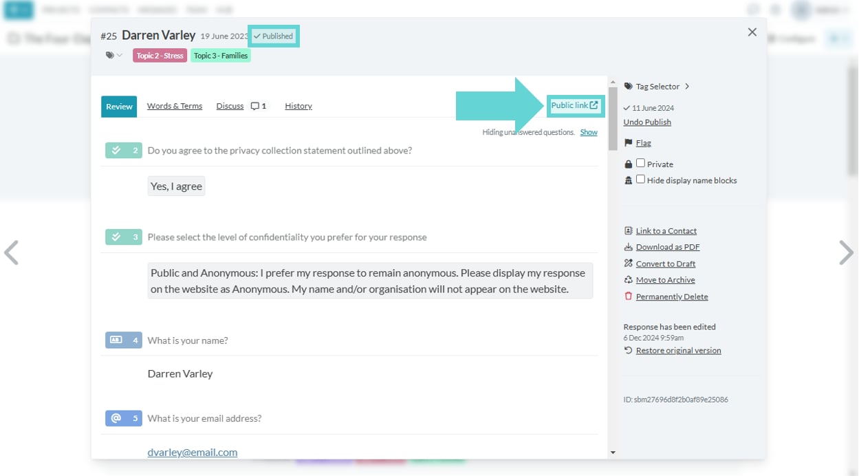Publishing responses screenshot: Hide display name blocks (Anonymous)