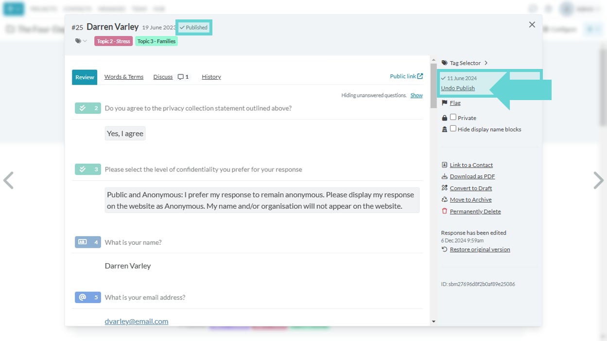 Publishing responses screenshot: Hide display name blocks (Anonymous)