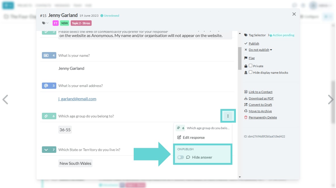 Publishing responses screenshot: Hide display name blocks (Anonymous)