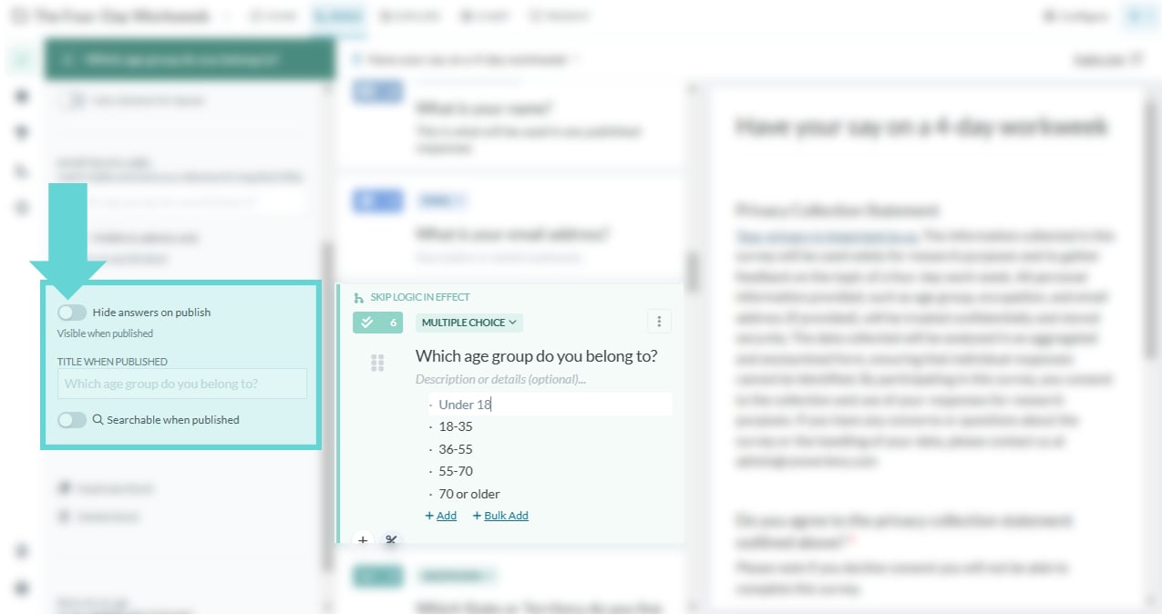 Publishing responses screenshot: Hide display name blocks (Anonymous)