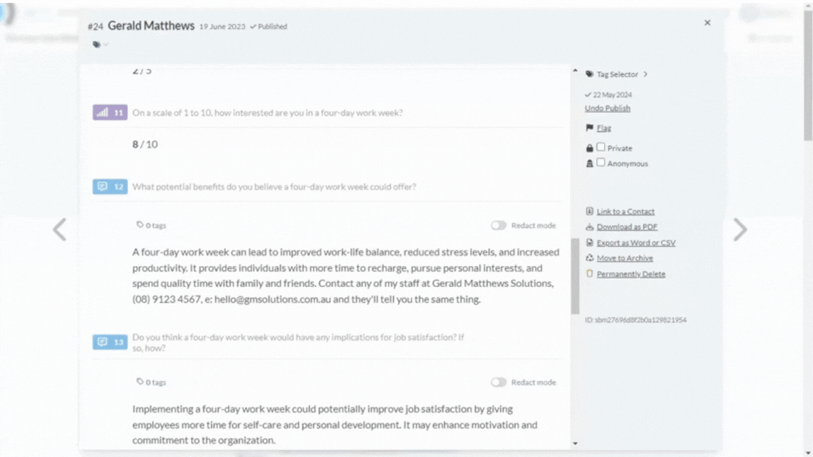 Publishing responses screenshot: Hide display name blocks (Anonymous)