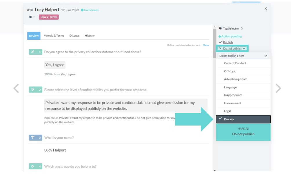 Publishing responses screenshot: Hide display name blocks (Anonymous)