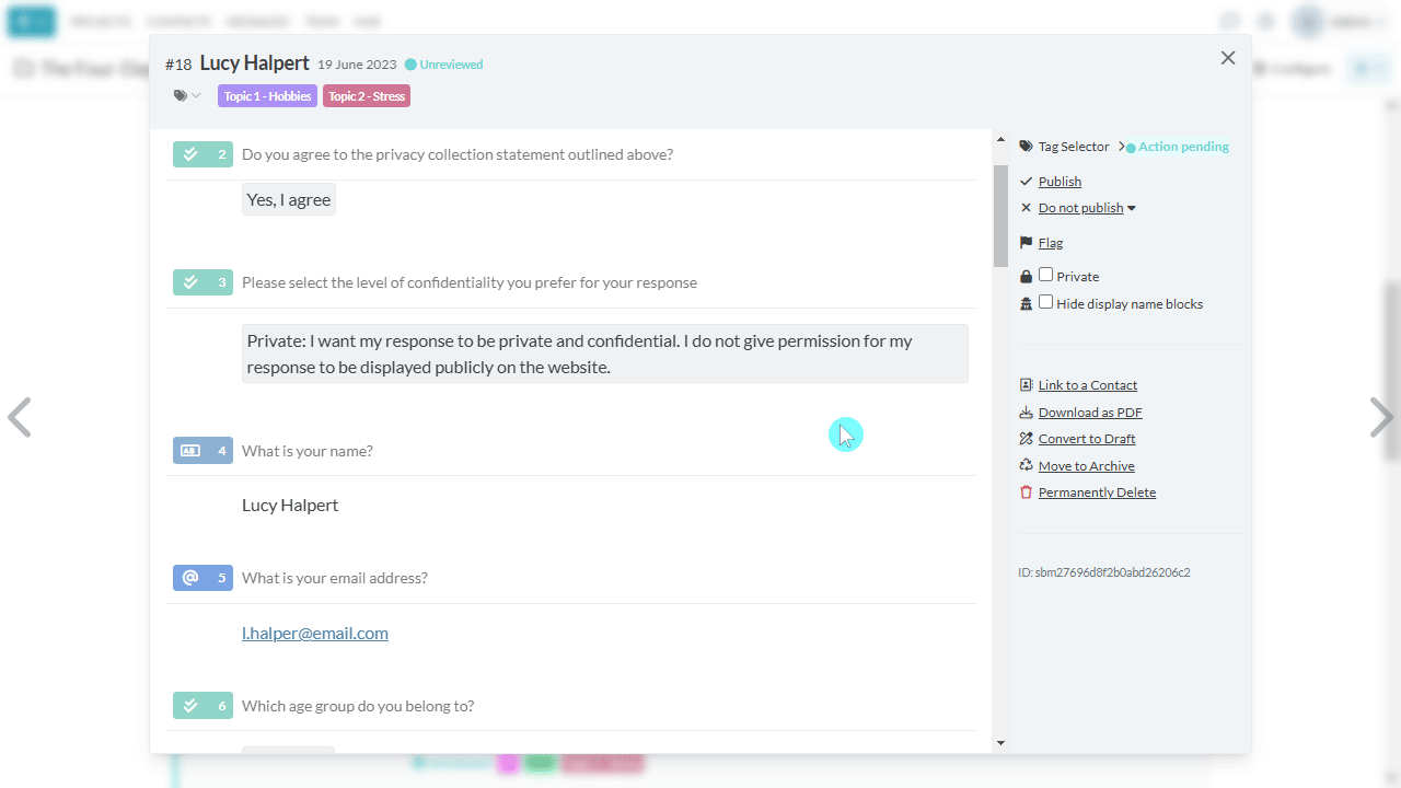 Publishing responses screenshot: Hide display name blocks (Anonymous)