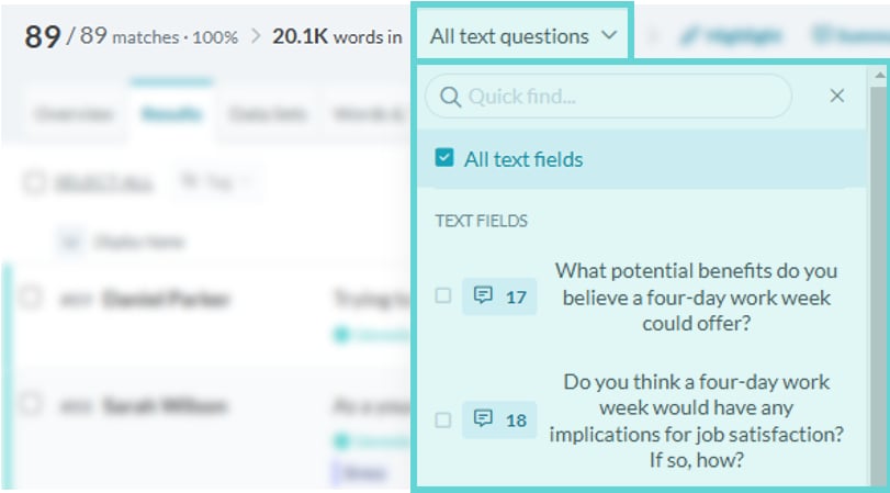 Text question limiter screenshot: Text Highlights