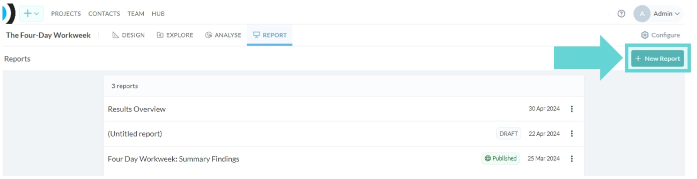 Creating reports screenshot: To add a New Report, click on the +New Report in the top right hand corner of the Reports Menu. This will open the Report Builder.