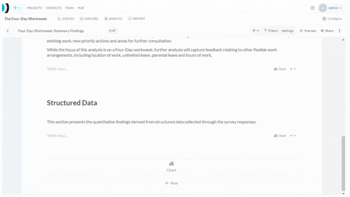 Present - Quick Guide screenshot: Charts are added to the “last column”, which means they get inserted at the end of your existing content.