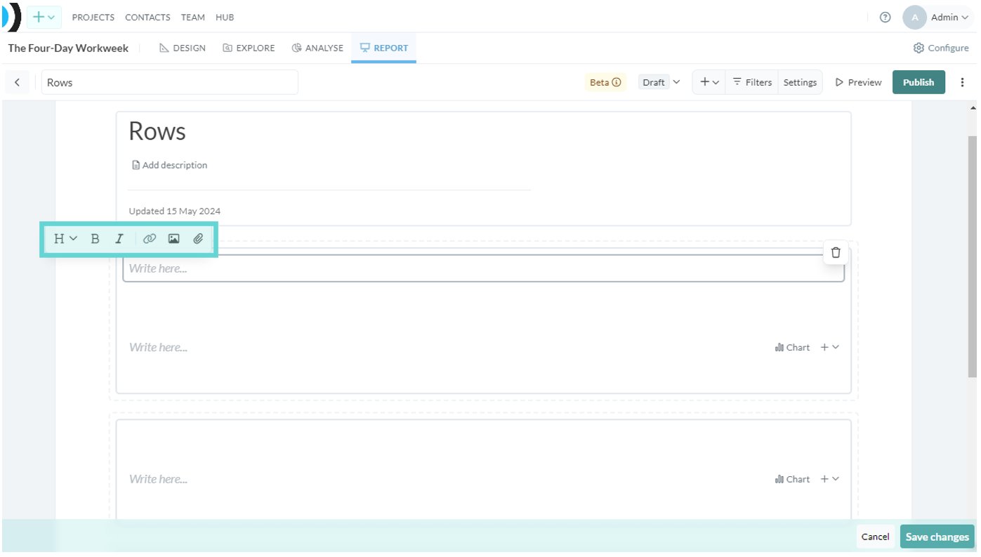Rows screenshot: To open the Rich Text Editor (RTE) click on a text box.