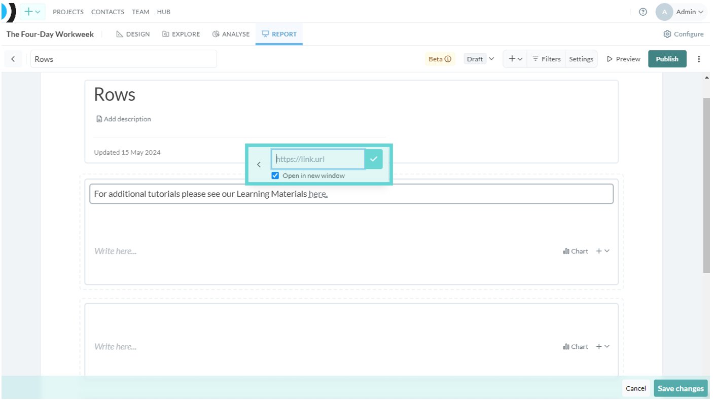 Rows screenshot: This will open a box for you to enter the link. There is a checkbox to select/deselect opening the link in a new window. Enter the URL link in the box and click the blue tick when complete