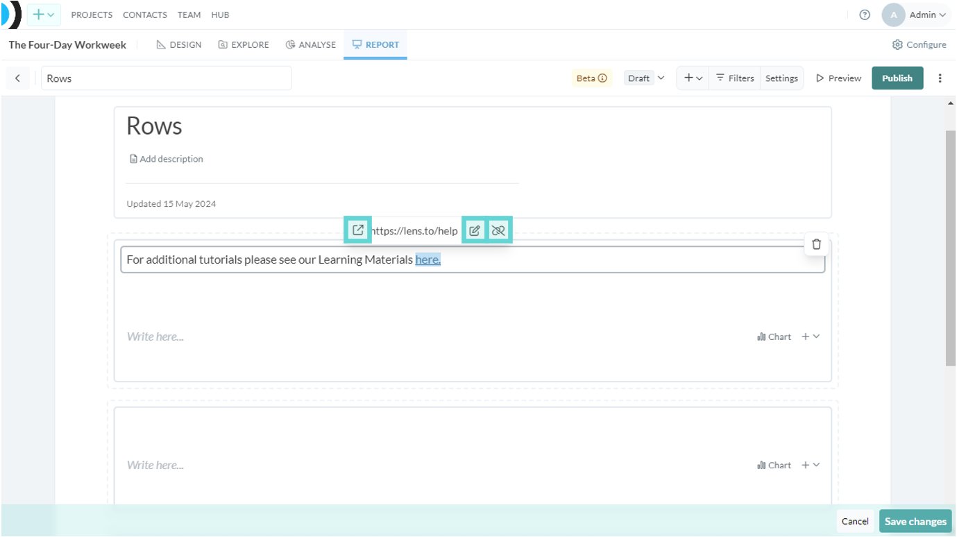 Rows screenshot: This will open a box for you to enter the link. There is a checkbox to select/deselect opening the link in a new window. Enter the URL link in the box and click the blue tick when complete