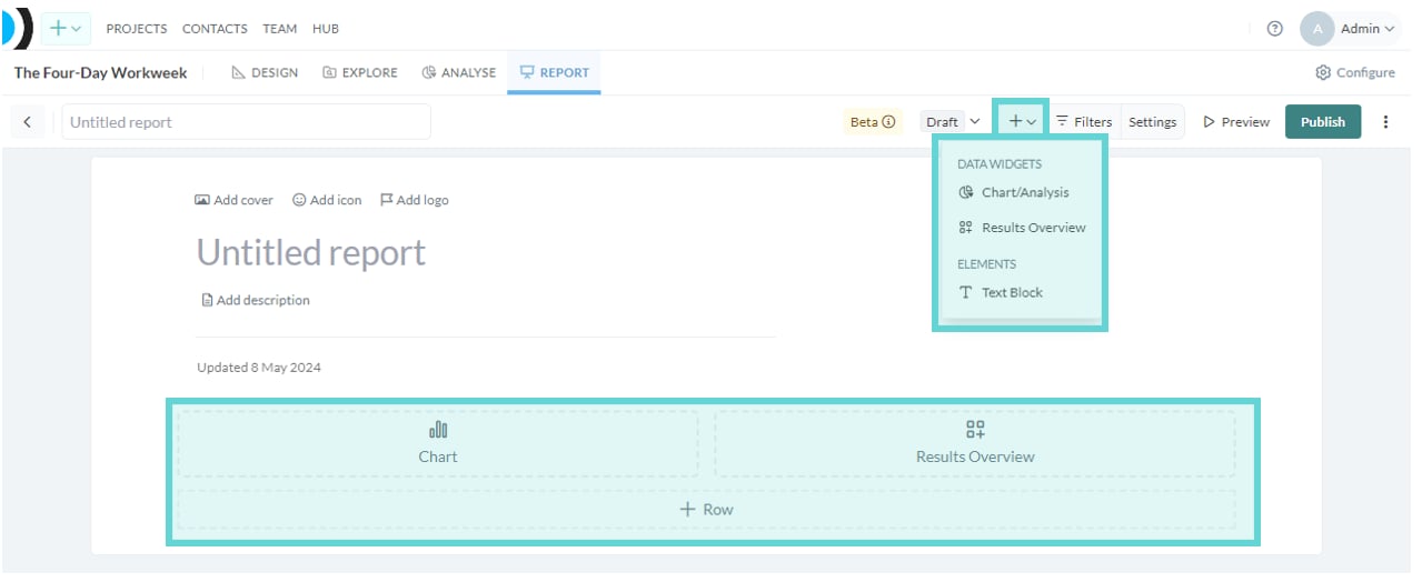 Report Widgets screenshot: Widgets serve as modular tools within the Reports Builder, allowing you to add dynamic visualisations derived from survey data (charts and overview) and textual elements (Text block/Row) straight into your report.