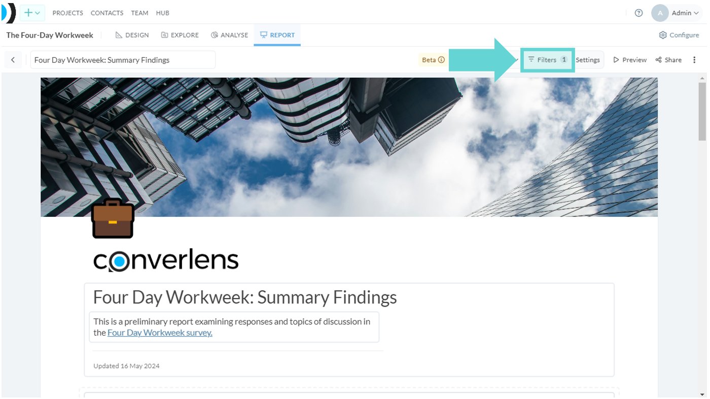 Report filters screenshot: To access and view report filters, click on Filters from the Reports Toolbar.