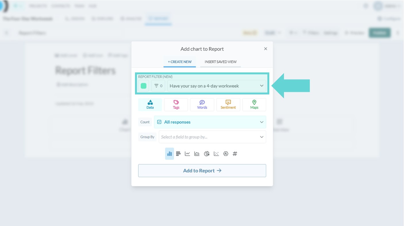 Report filters screenshot: A report without any data visualisations will not have a report filter. When adding a new chart or visualisation, select the Report Filter dropdown from the Chart menu.