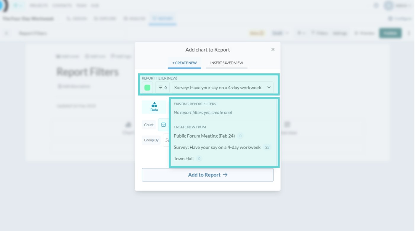 Report filters screenshot: A report without any data visualisations will not have a report filter. When adding a new chart or visualisation, select the Report Filter dropdown from the Chart menu.