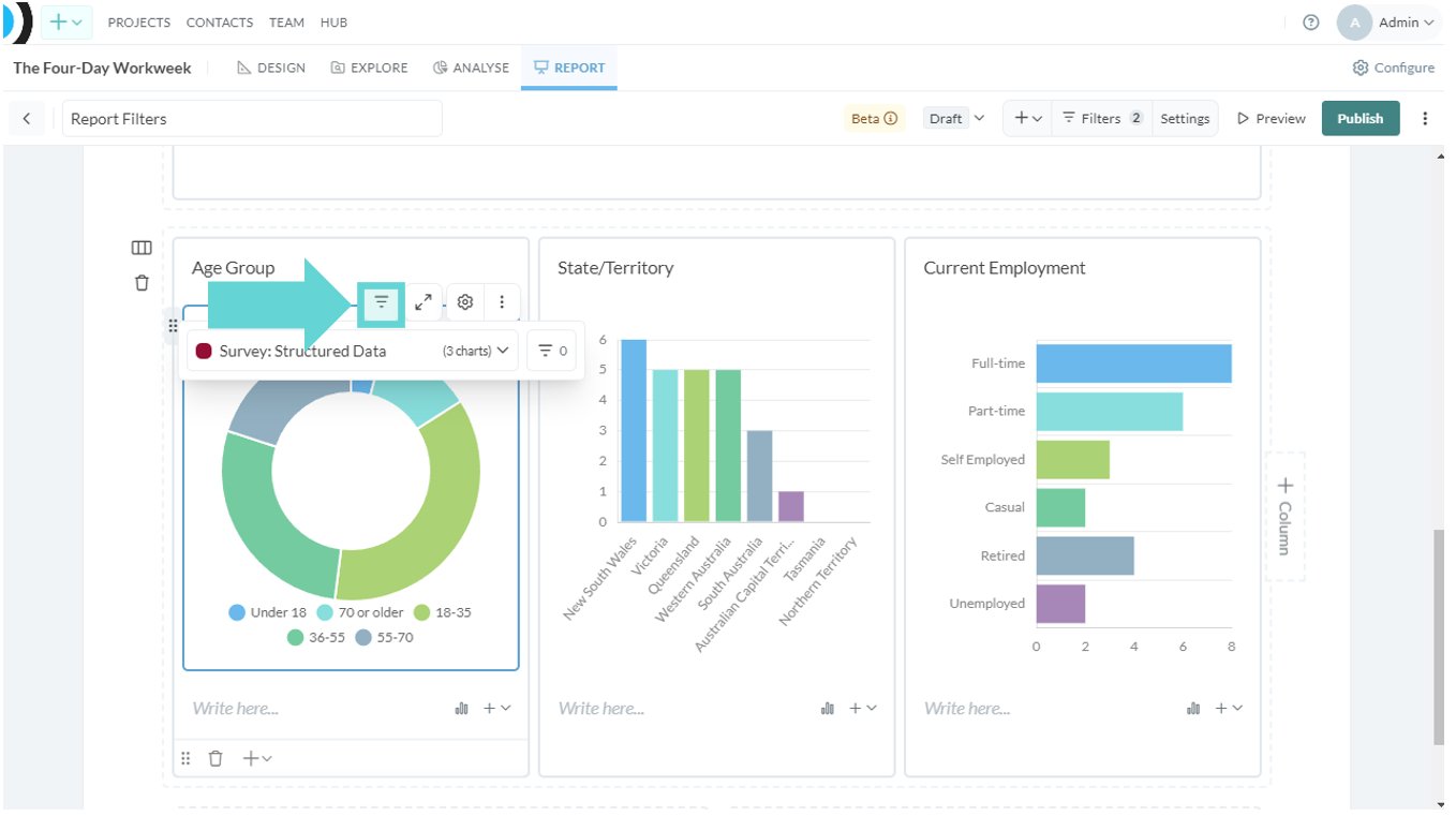 Report filters screenshot: To change a visualisation’s (chart’s) report filter from one filter to another, hover over the tile of the chart you want to change. Click on the Filters button from the Chart settings menu
