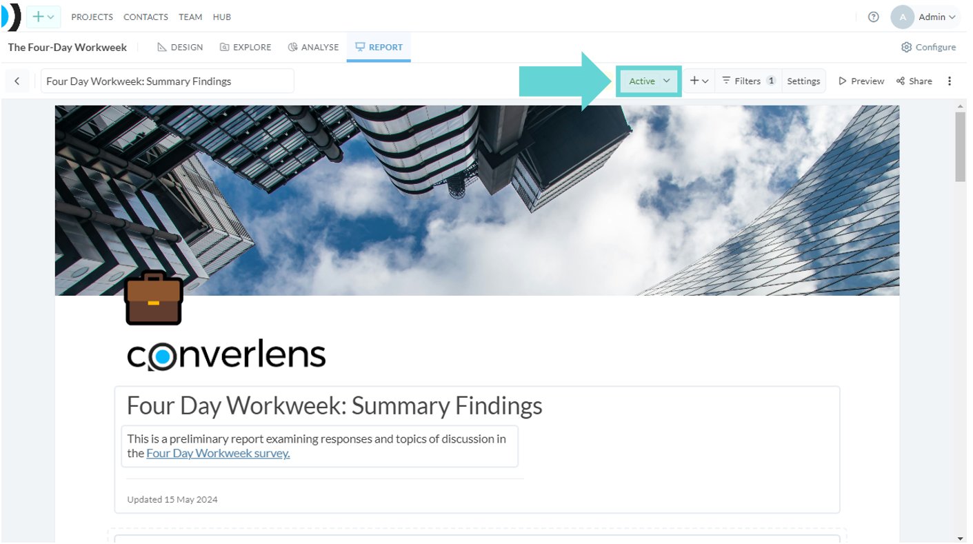 Sharing and Publishing Reports screenshot: To access the report status, from the Reports Toolbar click on the Status dropdown (Active/Draft)