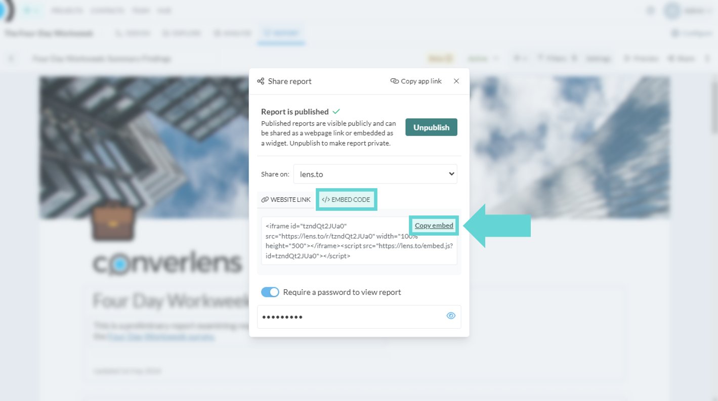 Sharing and Publishing Reports screenshot: Embed code