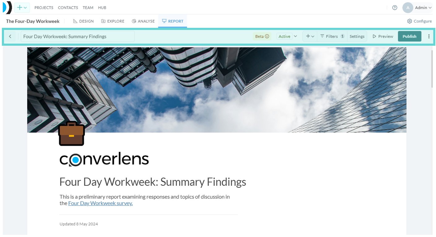 Toolbar screenshot: The reports toolbar is where you can interact with the settings for your report.