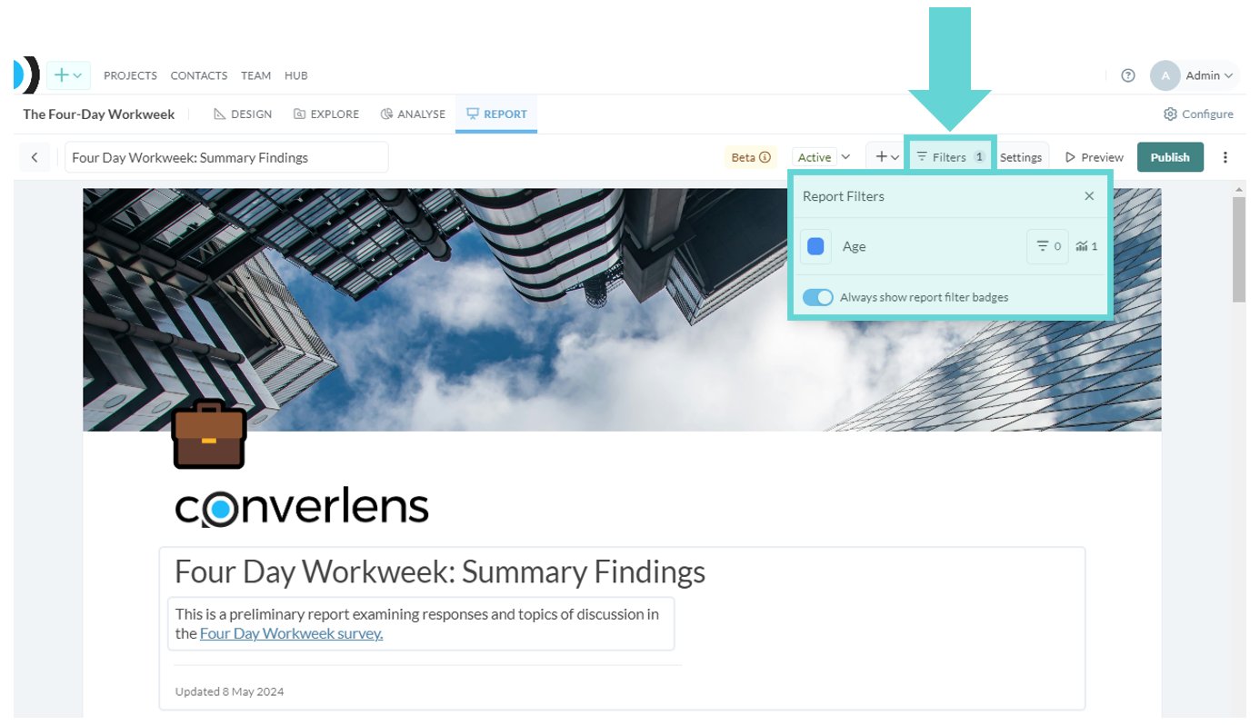 Toolbar screenshot: View, add and edit report filters by clicking the Filters button.