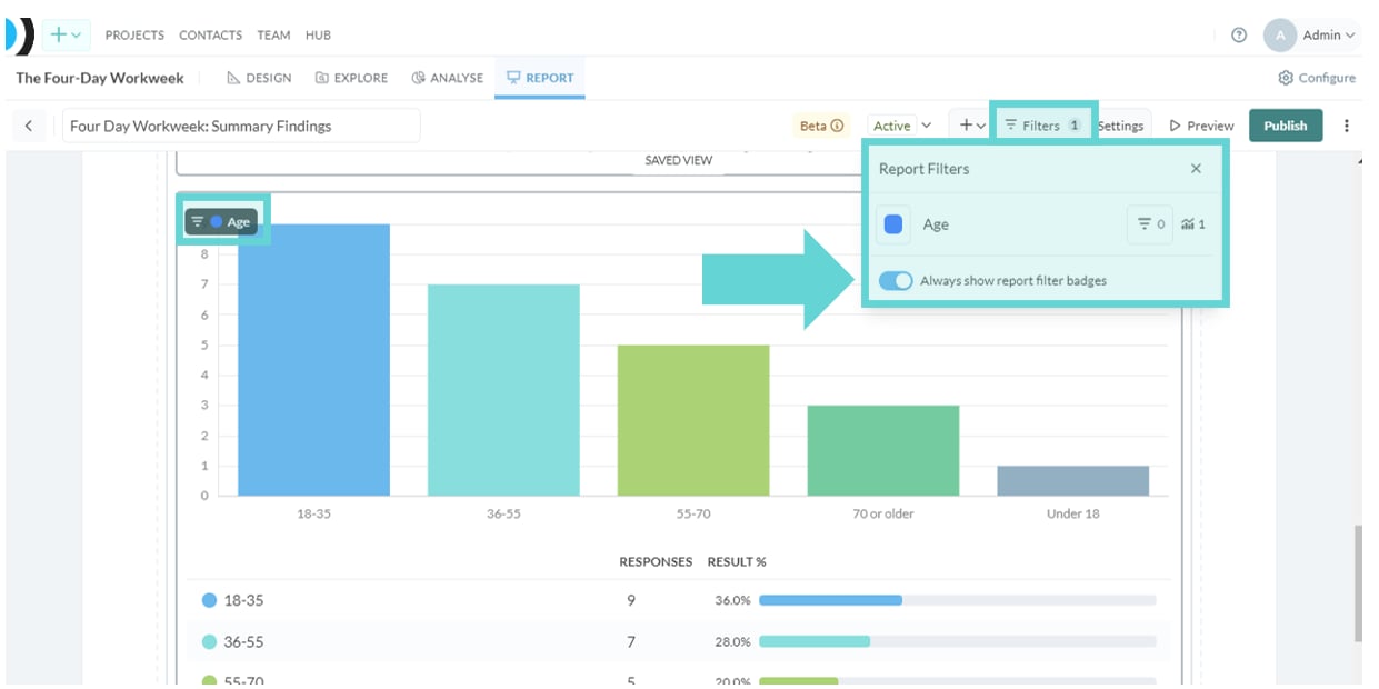 Toolbar screenshot: Always show report filter badges: Toggle on/off to display the filter badge over all charts and widgets within that filter.